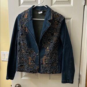 Embellished Dark Blue Denim Jacket with Beadwork by CJ Banks